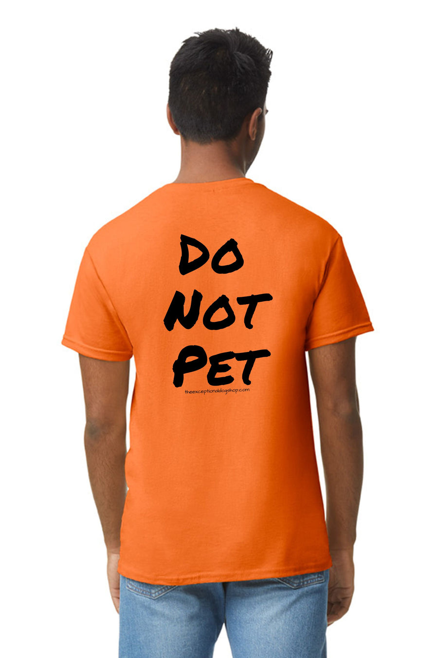 Bright orange training t shirt with the words do not pet in large lettering on the back and front.