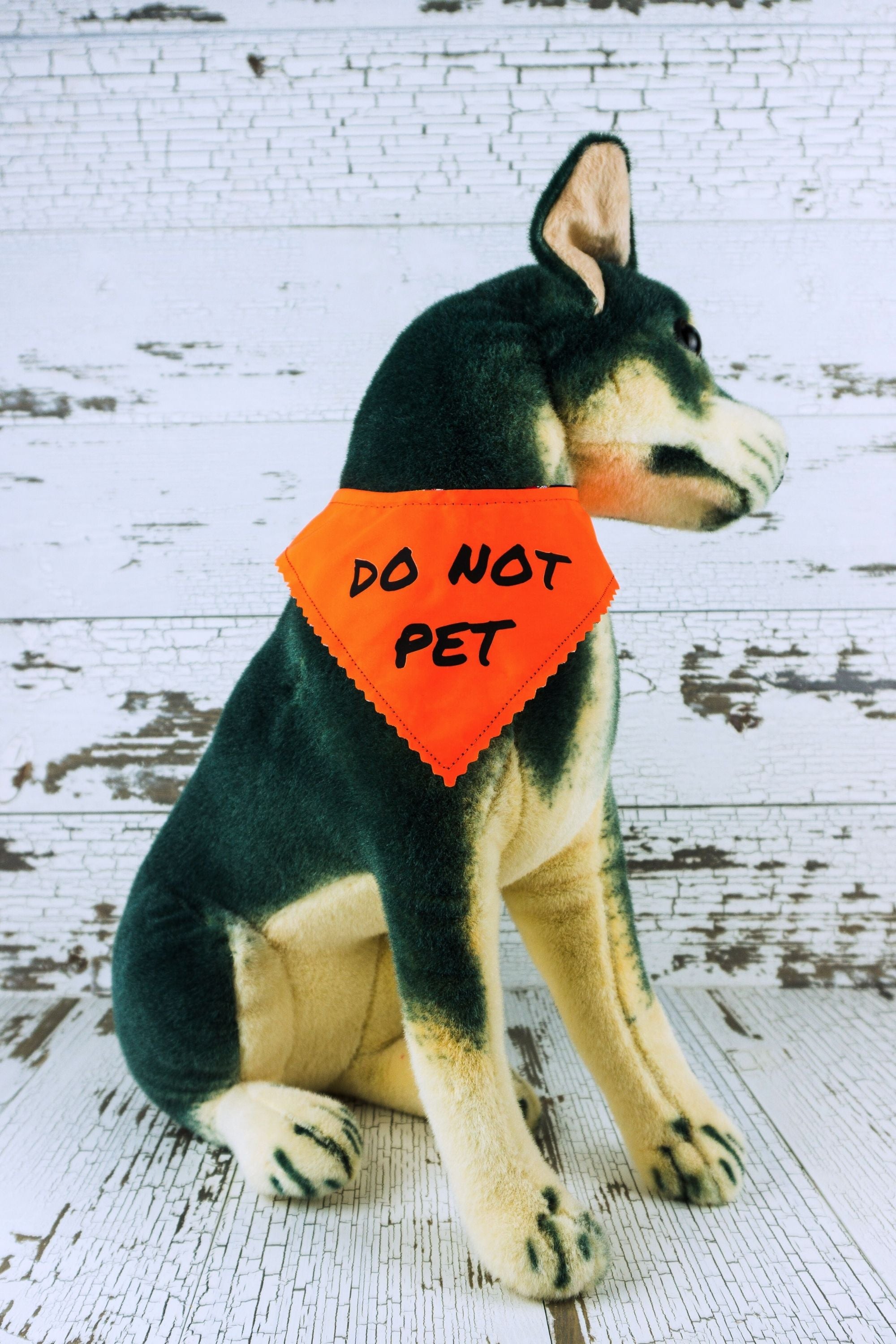Black and brown dog mannequin with a neon orange bandana that has text saying do not pet..