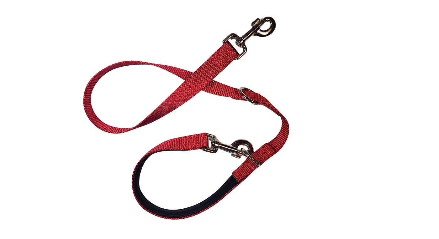 custom service dog leash in red with padded handle.