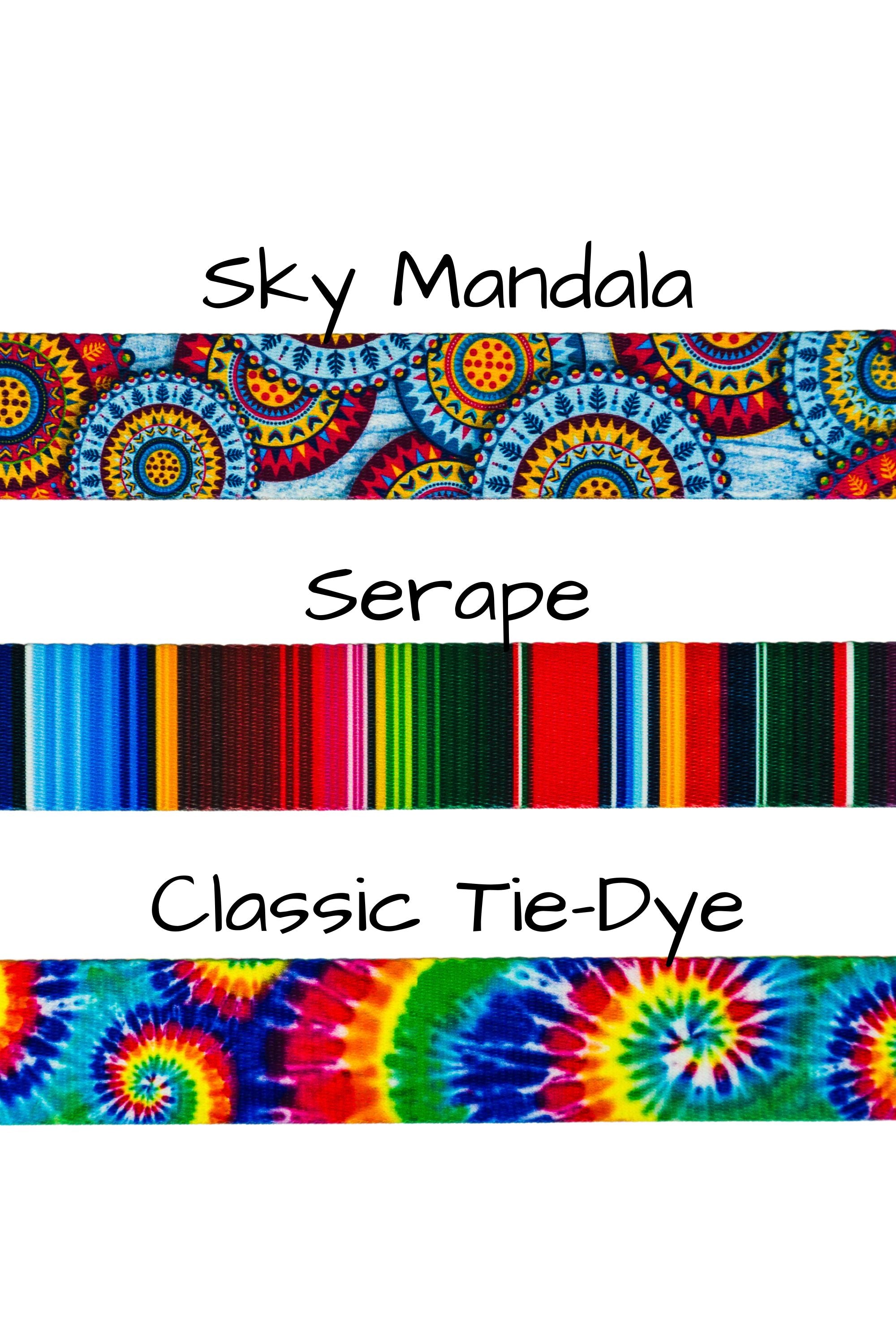 The medium weight hands free leash belt comes in the following patterns: sky mandala, a serape, and a classic tie dye. Webbing is 100 percent polyester sublimated webbing.