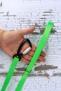 closeup of leash handle with d ring and auto locking carabiner.