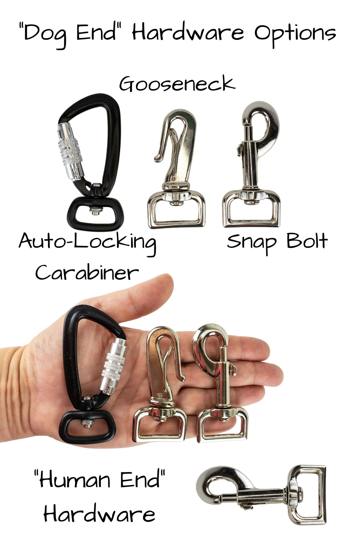 Three hardware options are available for the dog end of the leash, the auto locking carabiner, gooseneck clip and swivel snap bolt are shown for scale in the palm of an adult hand. The human end of the leash will be a swivel snap bolt.