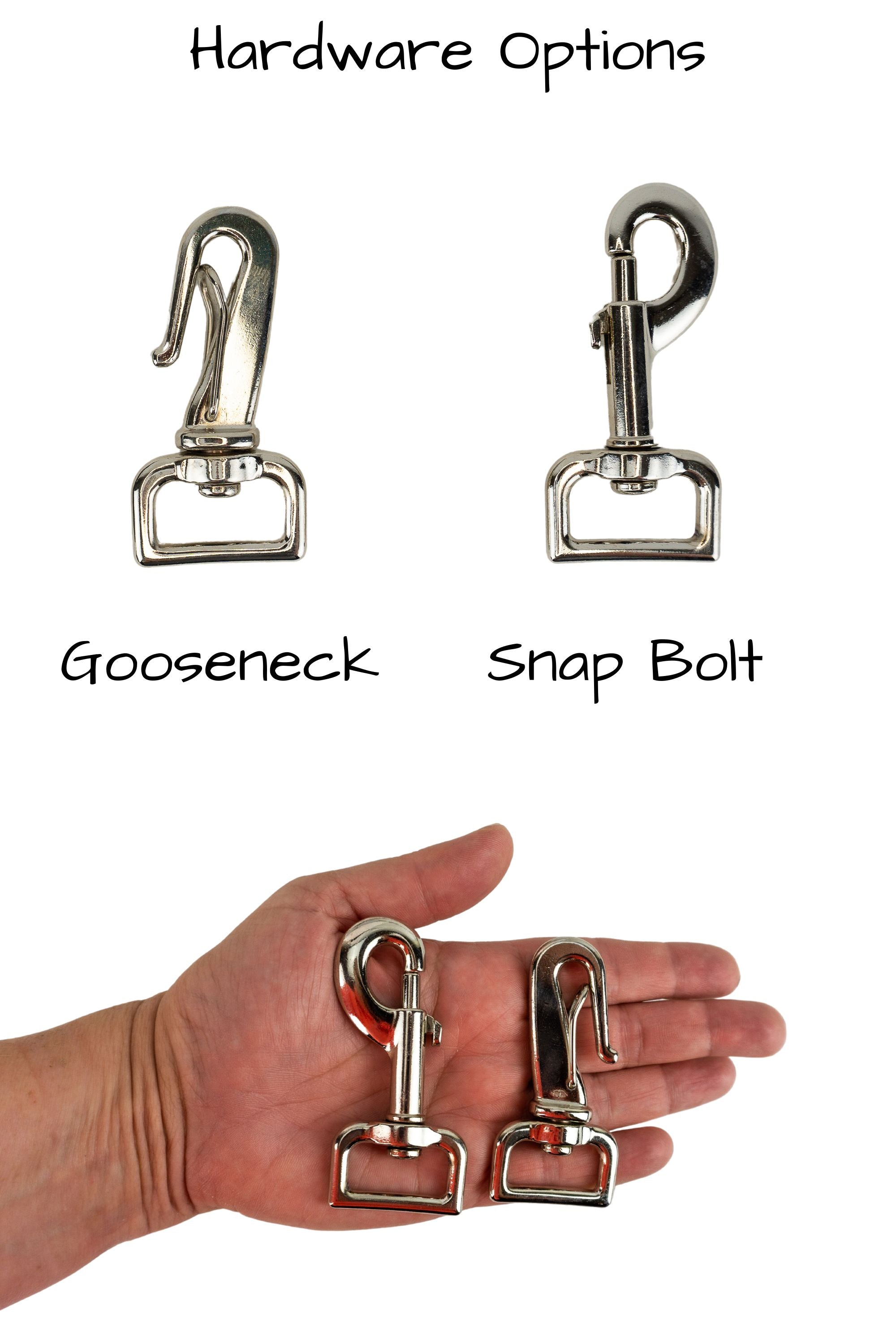 Two hardware options are provided for the training tabs, the gooseneck clip and the snap bolt are shown in the palm of an adult hand for scale.