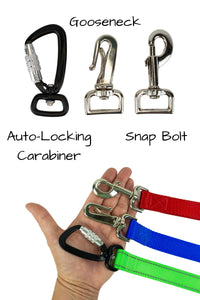hardware available for medium and large dogs is shown in auto locking carabiner, gooseneck, or swivel snap bolt.