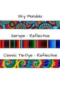 This listing for cross body hands free leash straps is for the patterned polyester webbing, including a sky mandala, a serape with reflective stitching, or a classic tie dye with reflective stitiching.