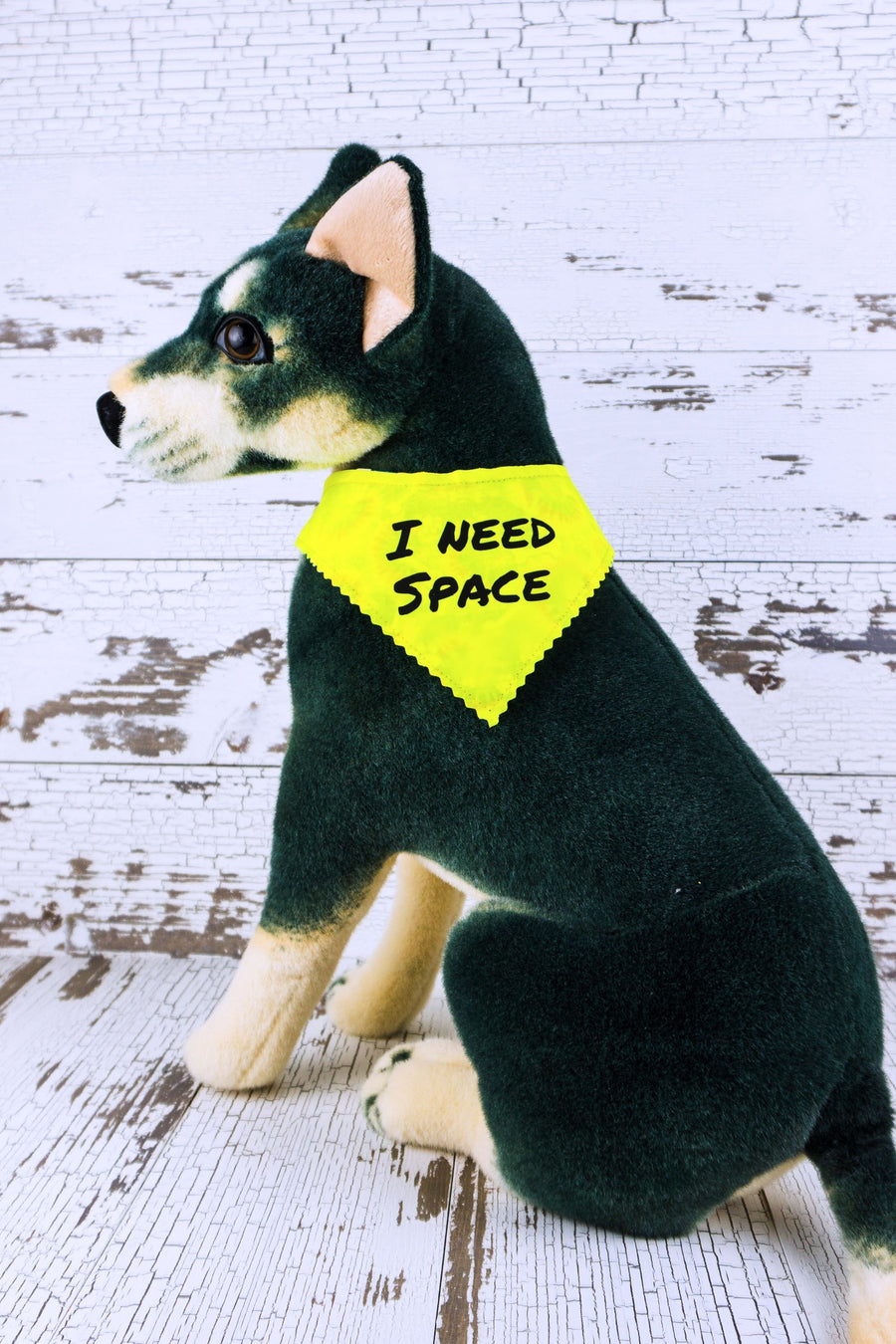 Black and brown dog mannequin with a neon yellow bandana that has text saying I need space.