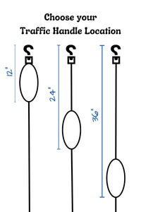 This graphic illustrates the three choices of location for the traffic handle. The options are with the loops ending at 12 inches, 24 inches, or 36 inches from the clip end of the leash.
