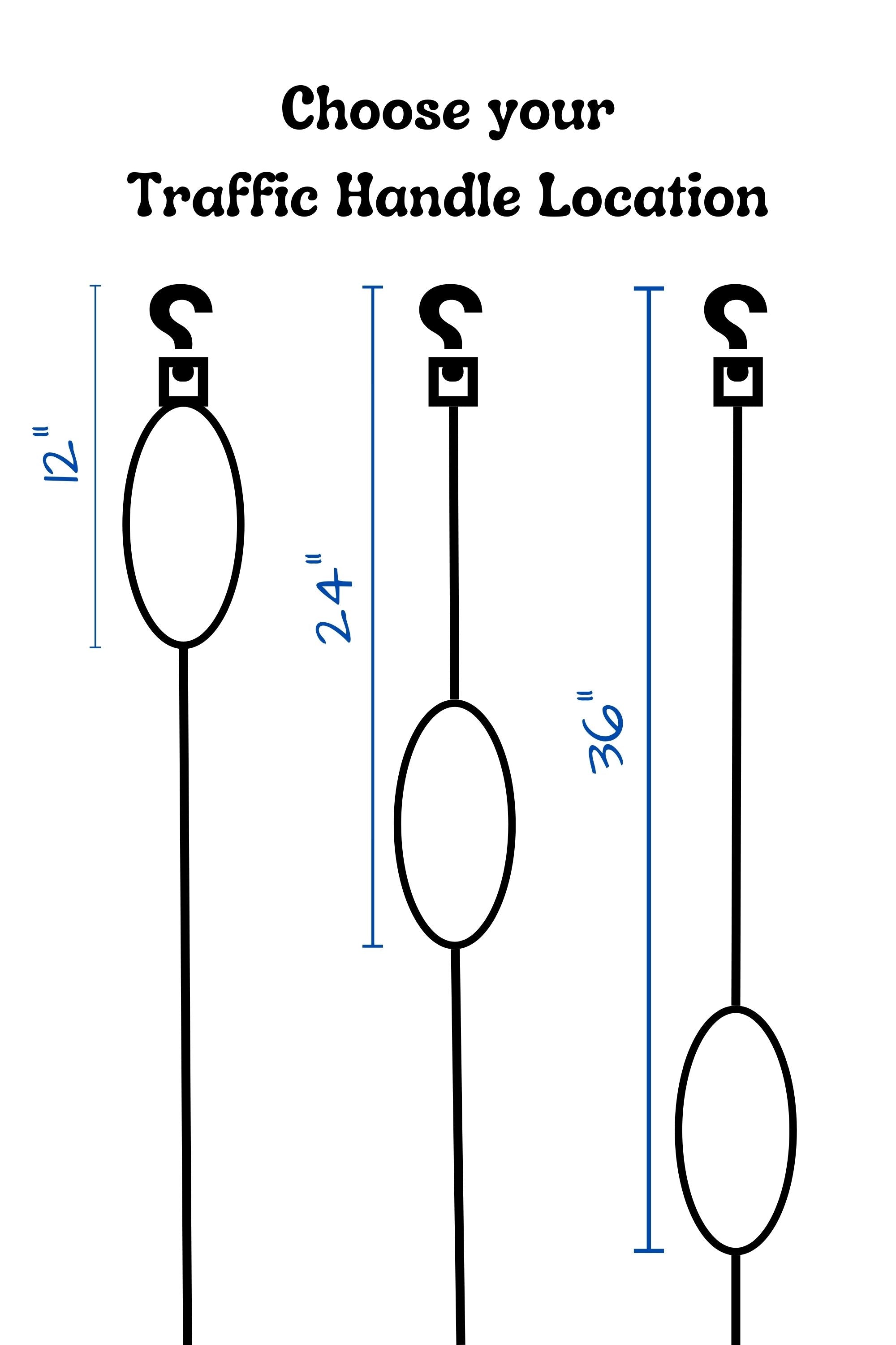 This graphic illustrates the three choices of location for the traffic handle. The options are with the loops ending at 12 inches, 24 inches, or 36 inches from the clip end of the leash.