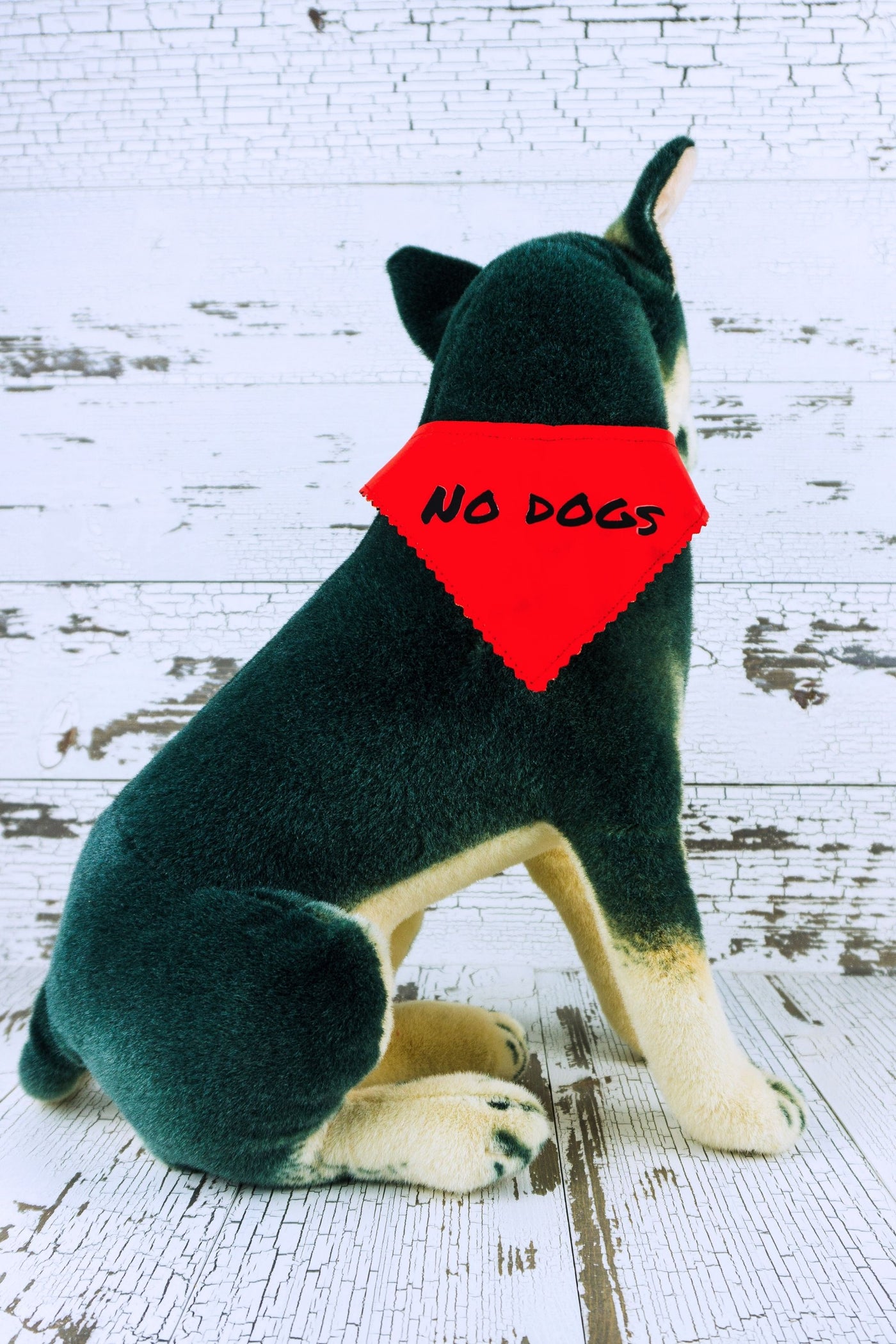Black and brown dog mannequin with a red bandana that has text saying no dogs.