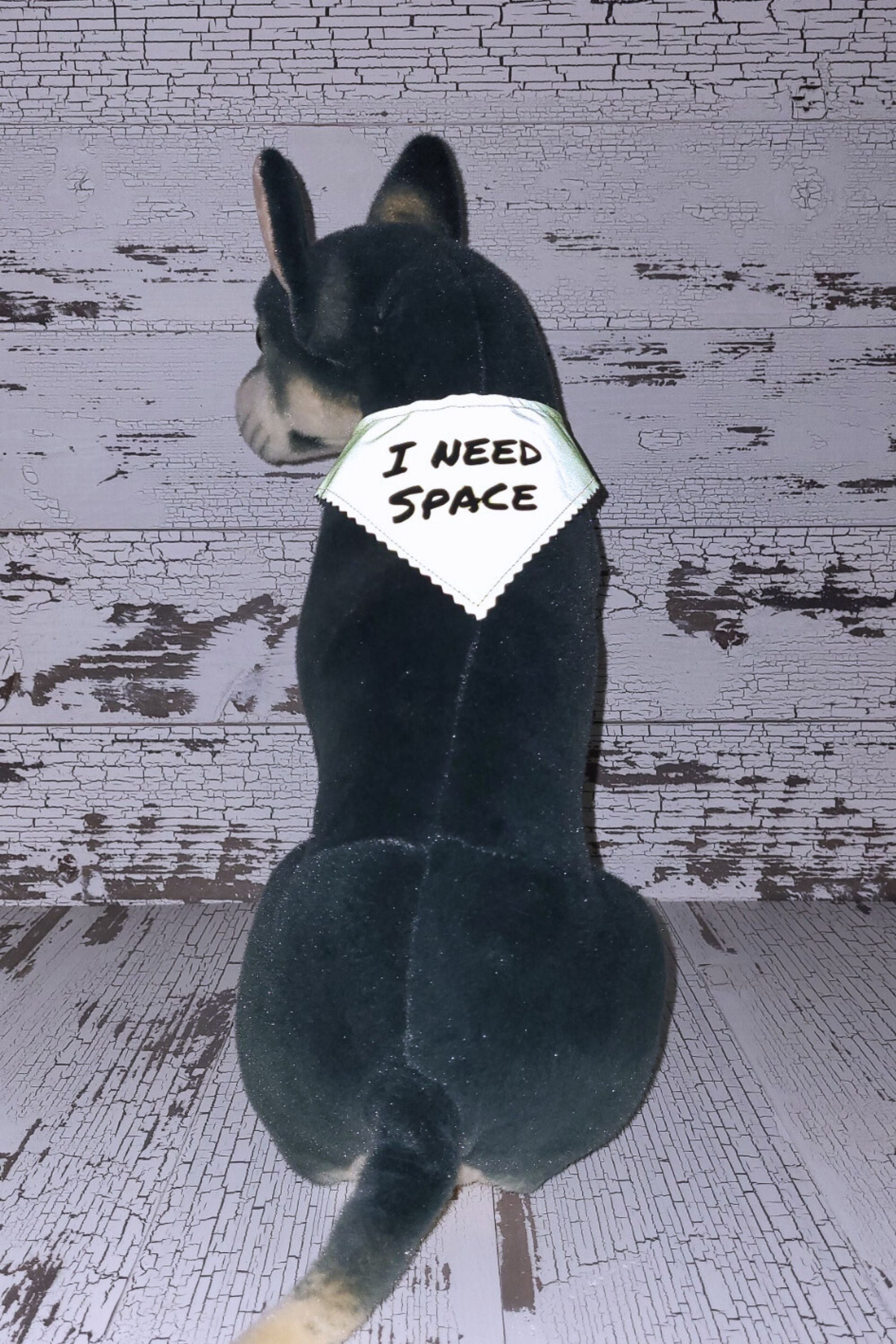 Image shows the reflective nature of the bandana, image is a black and brown dog mannequin with a neon yellow bandana that has text saying I need space.