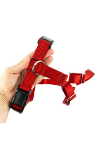 large red webbing dog harness held in an adult hand for scale