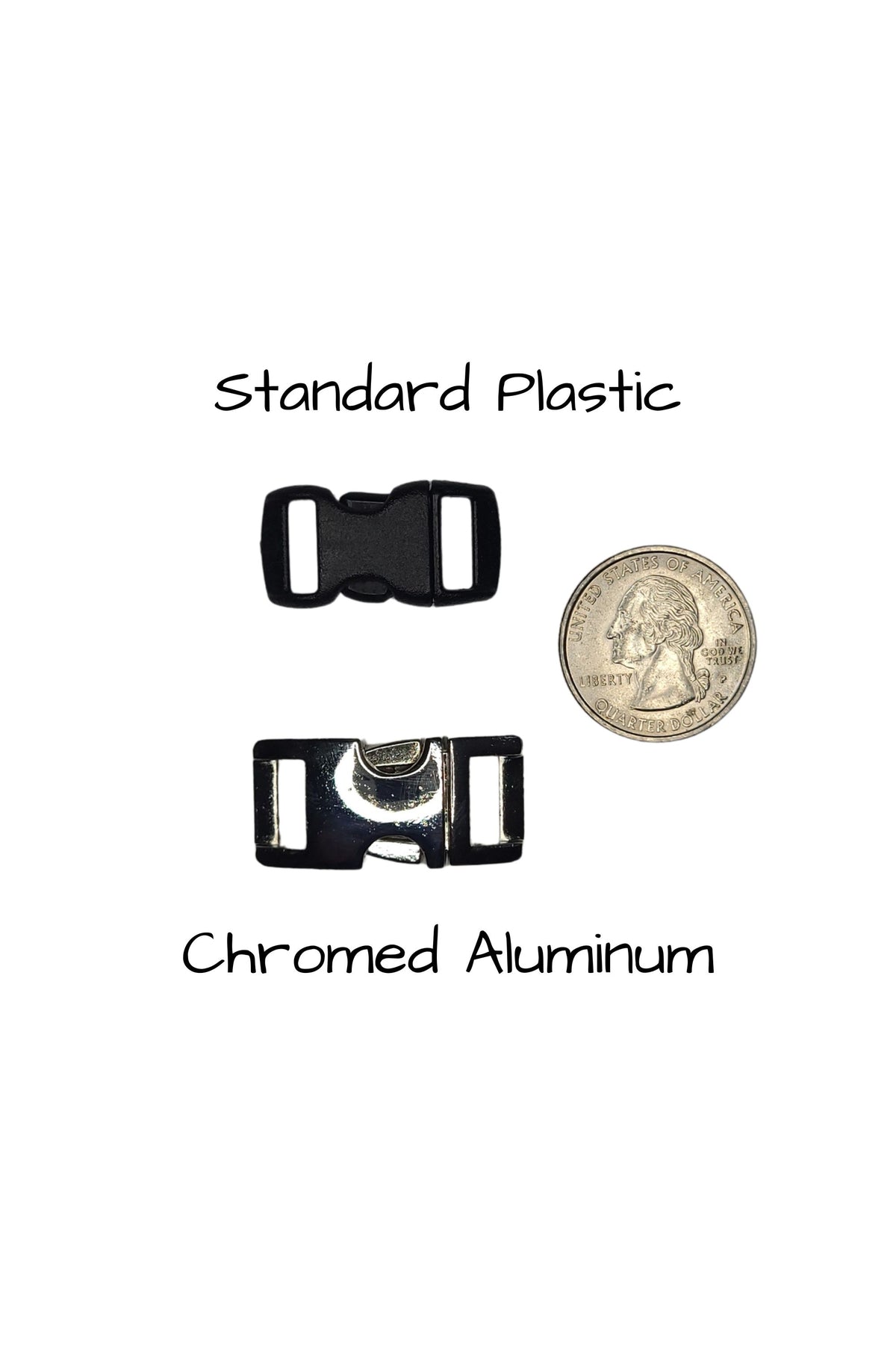 collars for extra small dogs available with a plastic side release buckle or a chromed aluminum side release buckle.