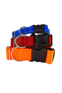 comparison of five eights inch wide webbing, 1 inch wide webbing, and 1 and one half inch wide webbing buckle collars.