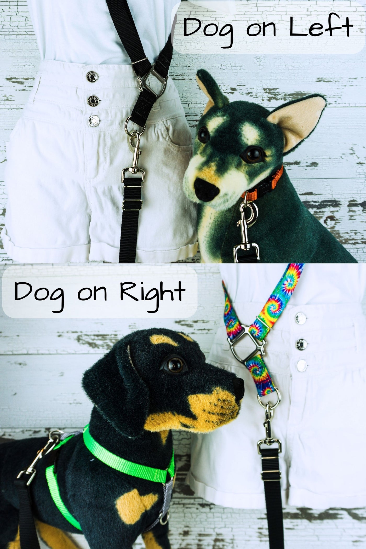 Cross body hands free leash straps are available in a dog on right configuration or a dog on left configuration. The configuration is shown with the connection point facing towards the front of the person wearing the strap.