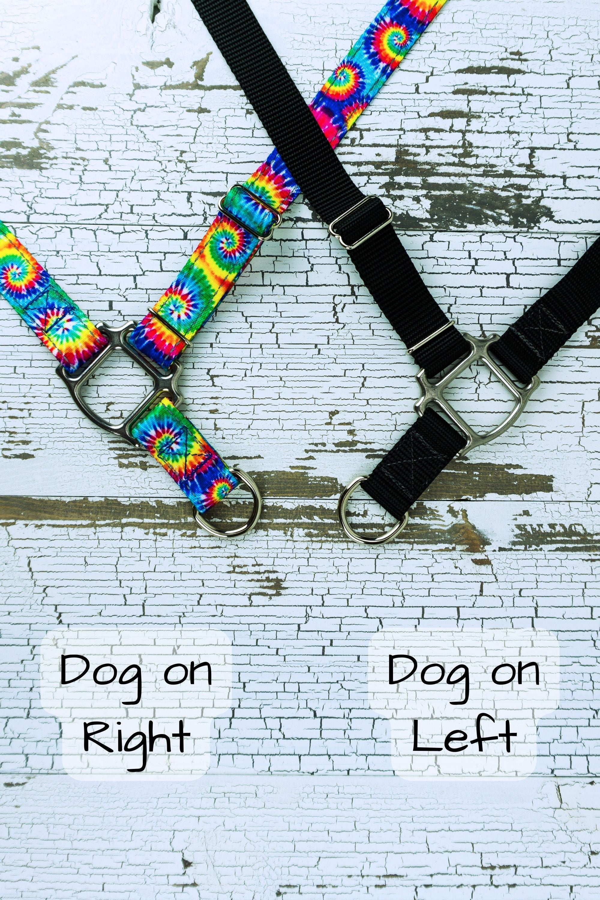 Cross body hands free leash straps are available in a dog on right configuration or a dog on left configuration.