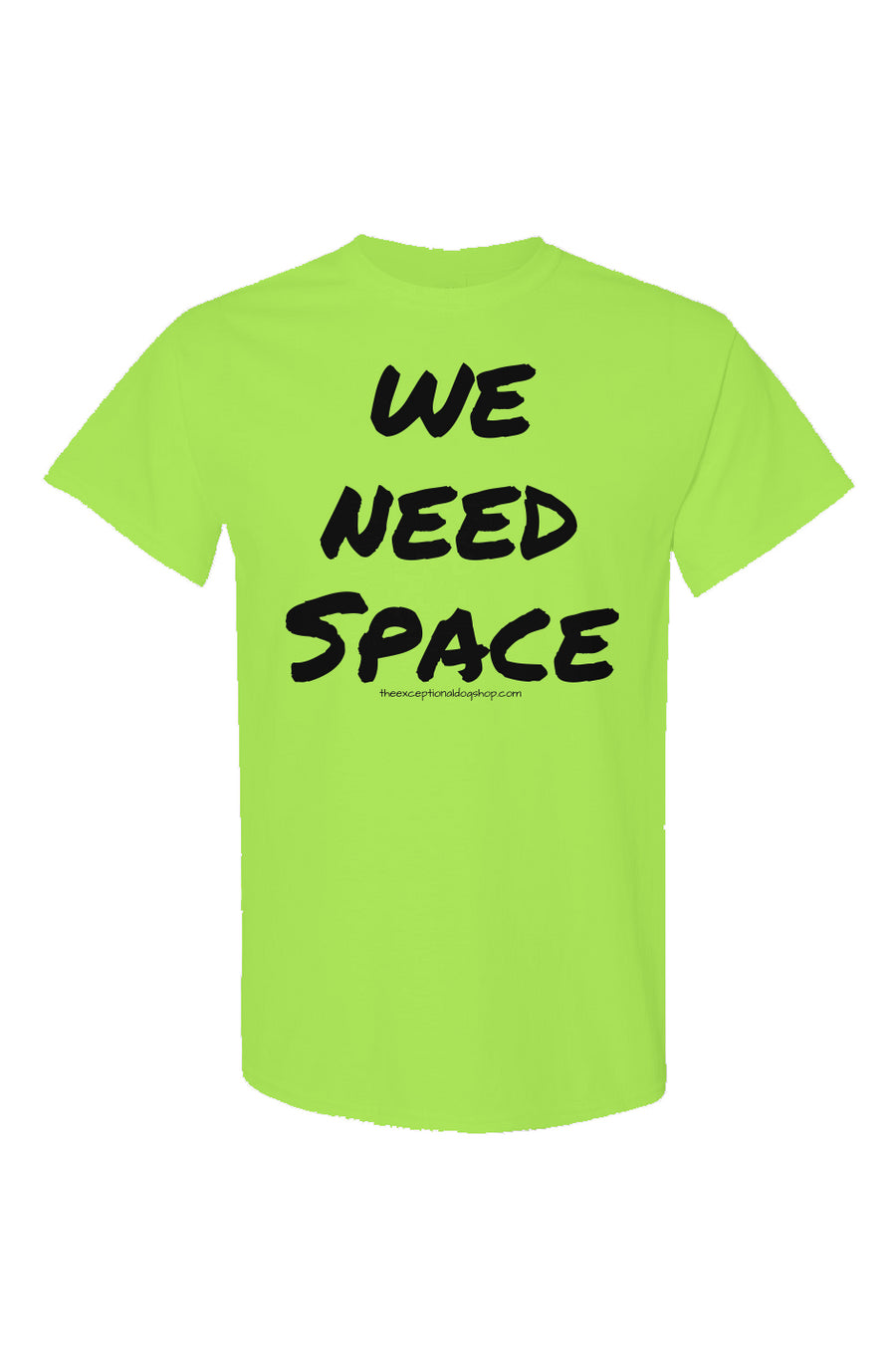 High visibility neon yellow training t shirt with the text we need space in large lettering on the front of the shirt.