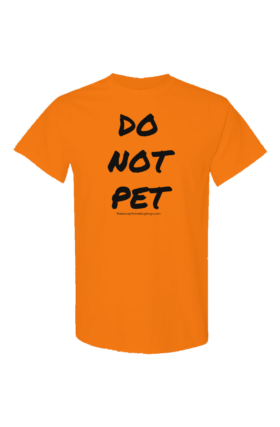High visibility neon orange training t shirt with the text do not pet in large lettering on the front of the shirt.