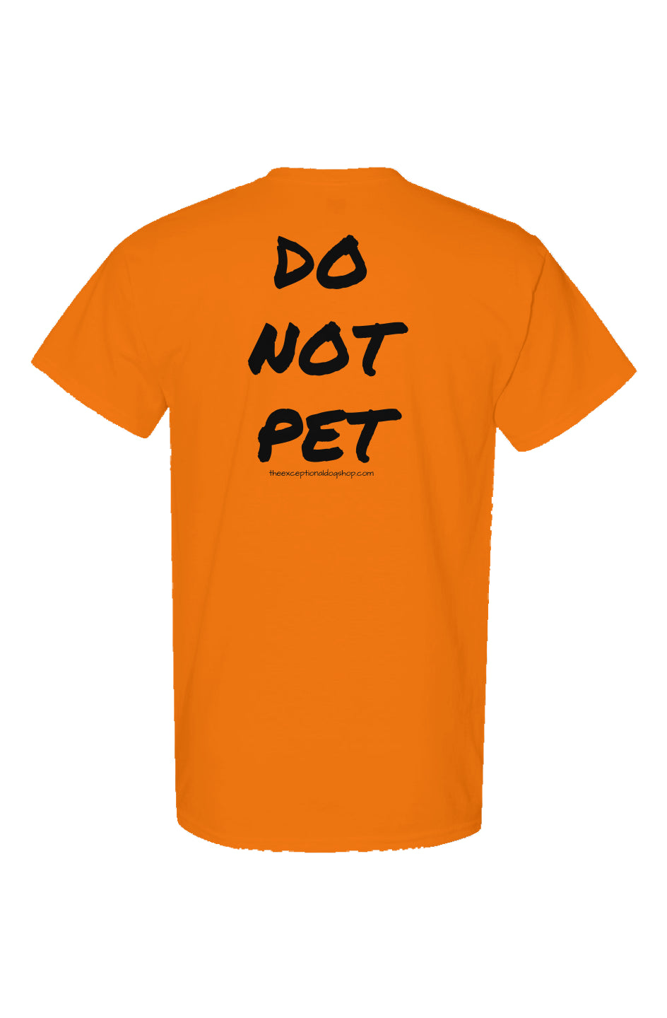 High visibility neon orange training t shirt with the text do not pet in large lettering on the back of the shirt.