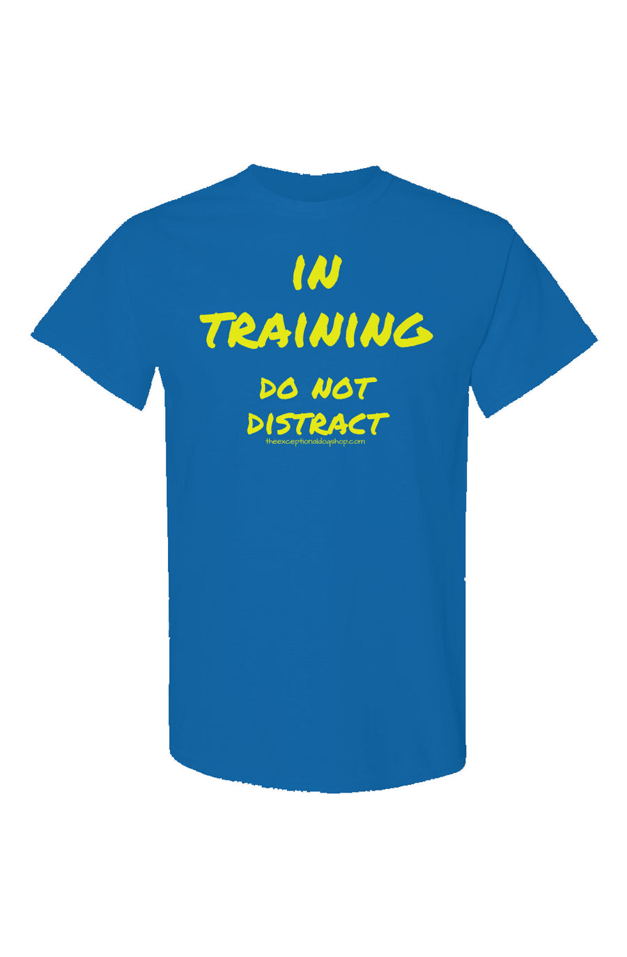 Neon blue training t shirt with the text in training, do not distract in large yellow lettering on the front of the shirt.
