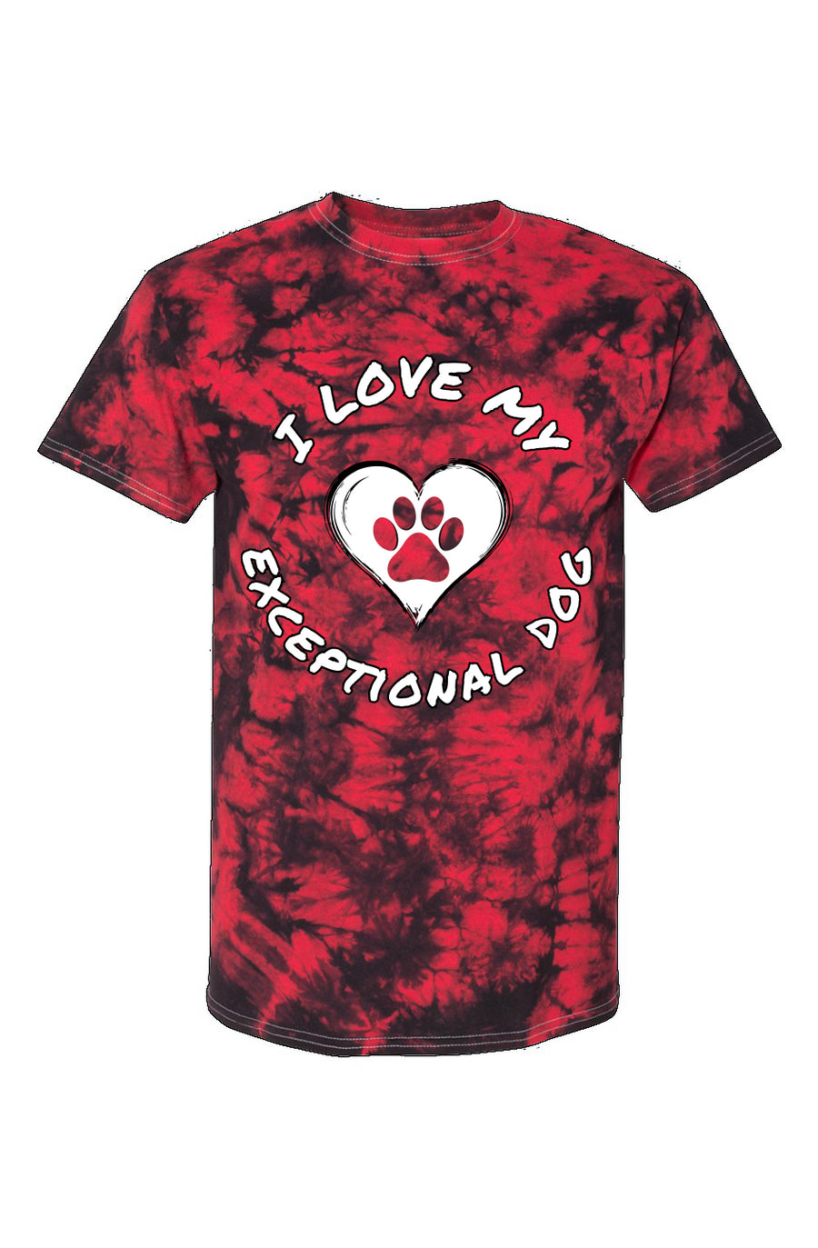 I Love My Exceptional Dog | Red Crystal Tie-Dye Tee is a black and red tie dye t shirt with white text in a circle. The top line of text is I love my and the bottom line of text is exceptional dog. Centered in the circle of text is a heart with a paw print. 