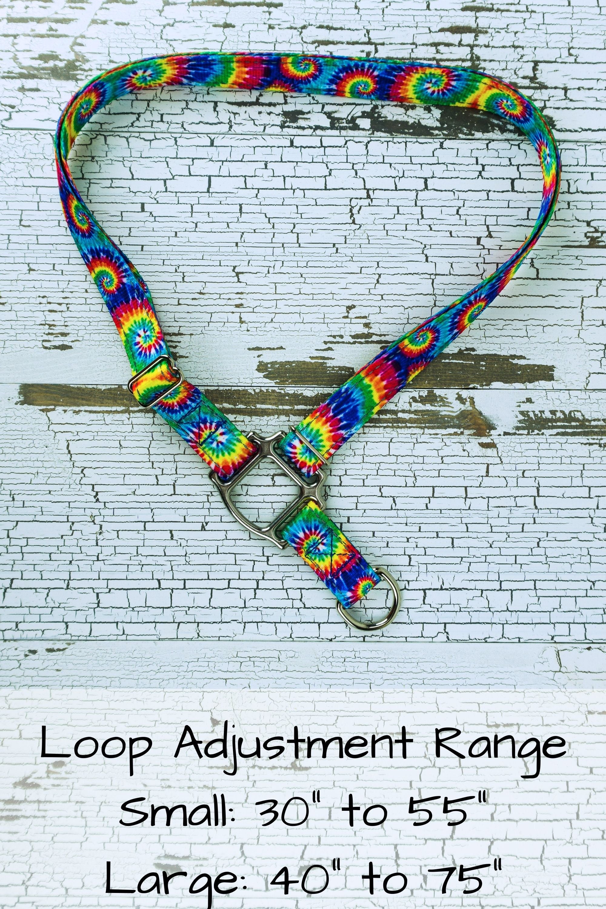 There are two sizes of cross body straps, the small loop adjusts from 30 inches to 55 inches, while the large adjusts from 40 inches to 75 inches. This is the loop length only and excludes the distance the hardware hangs below the loop.