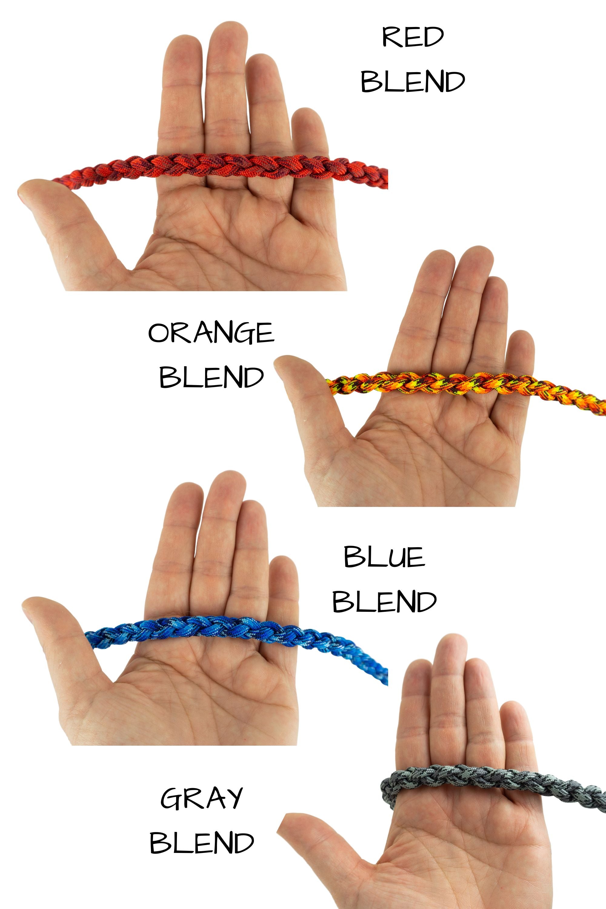 color samples of paracord braid shown for scale in the palm of a hand. Colors shown here are red blend, orange blend, blue blend, or gray blend