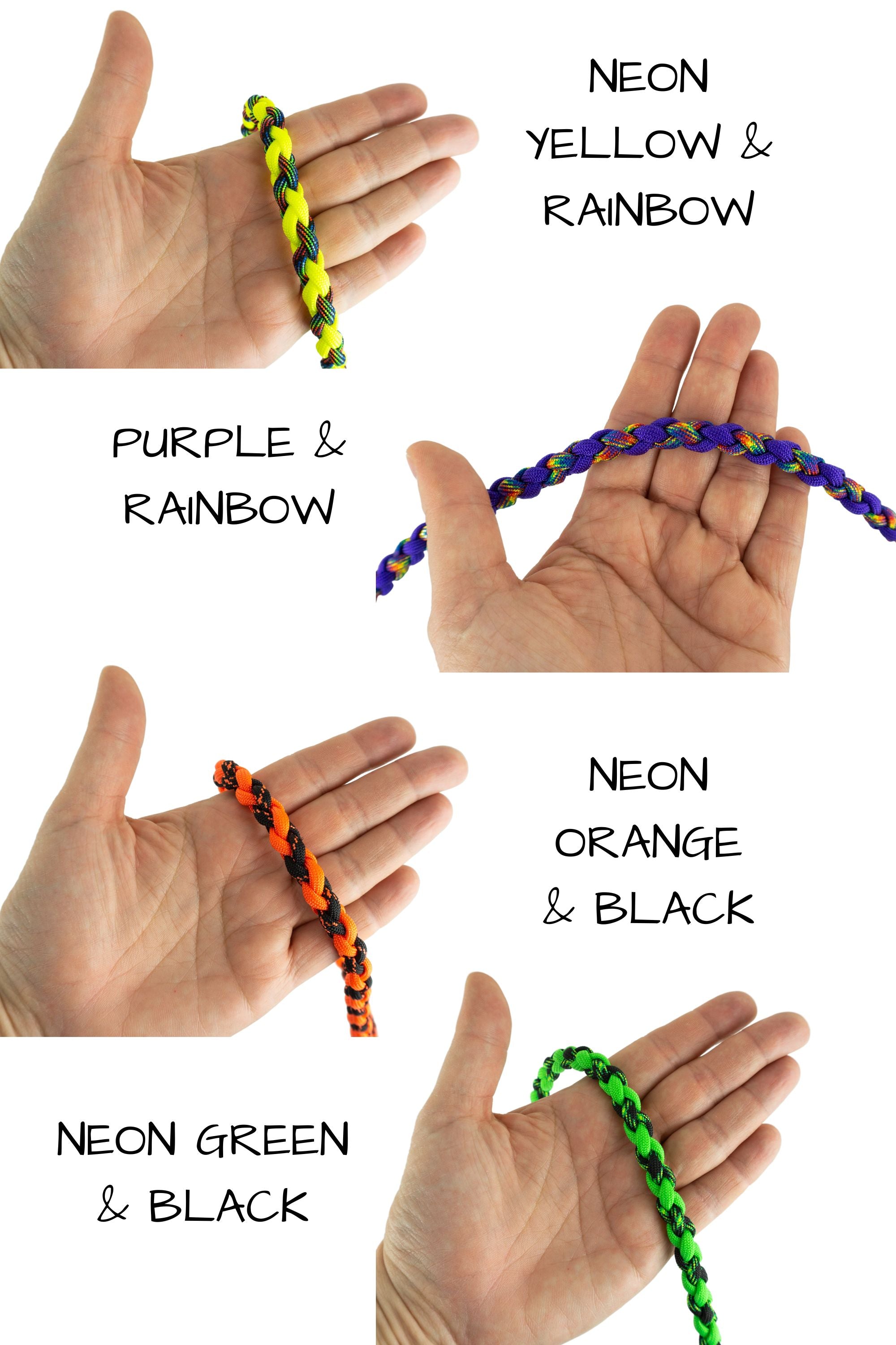 color samples of paracord braid shown for scale in the palm of a hand. Colors shown here are neon yellow and rainbow, purple and rainbow, neon orange and black, or neon green and black.