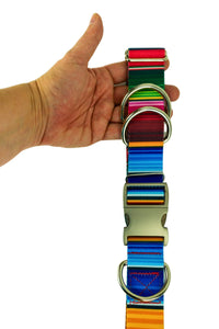 Heavy duty hands free leash belt held in the hand of an adult to show the scale of the belt hardware and the patterned webbing.