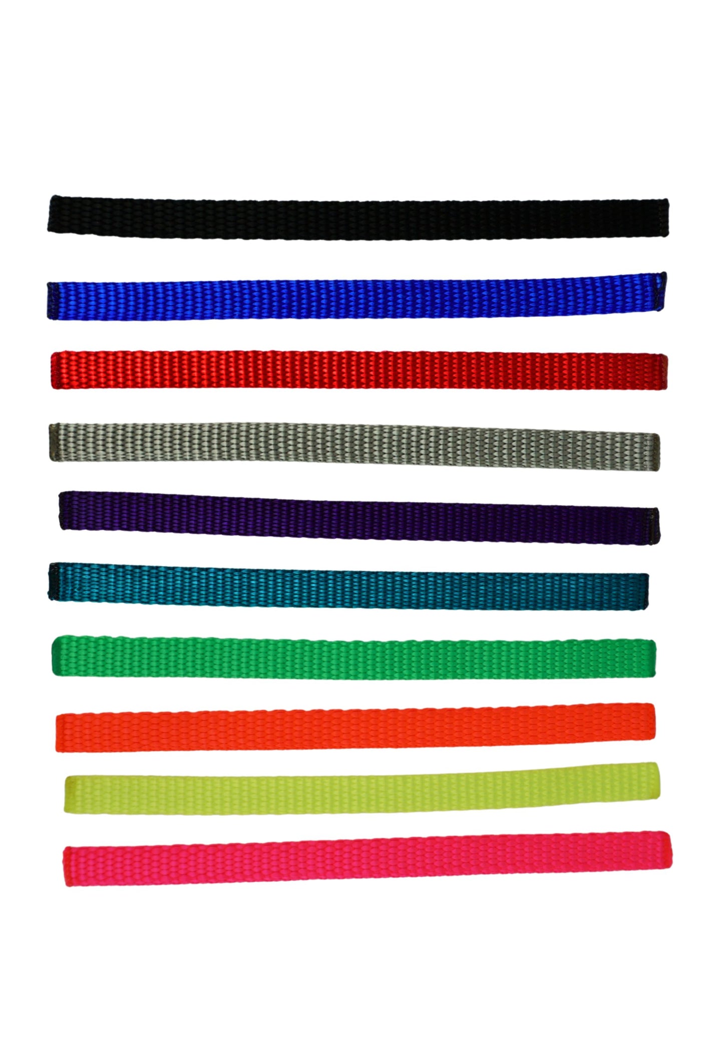 solid colors of five eights inch wide webbing are black, royal blue, red, grey, purple, teal, neon green, neon orange, neon yellow, or neon pink.
