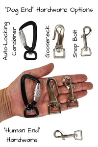 Three hardware options are available for the dog end of the leash, the auto locking carabiner, gooseneck clip and swivel snap bolt are shown for scale in the palm of an adult hand. The human end of the leash will be a swivel snap bolt.