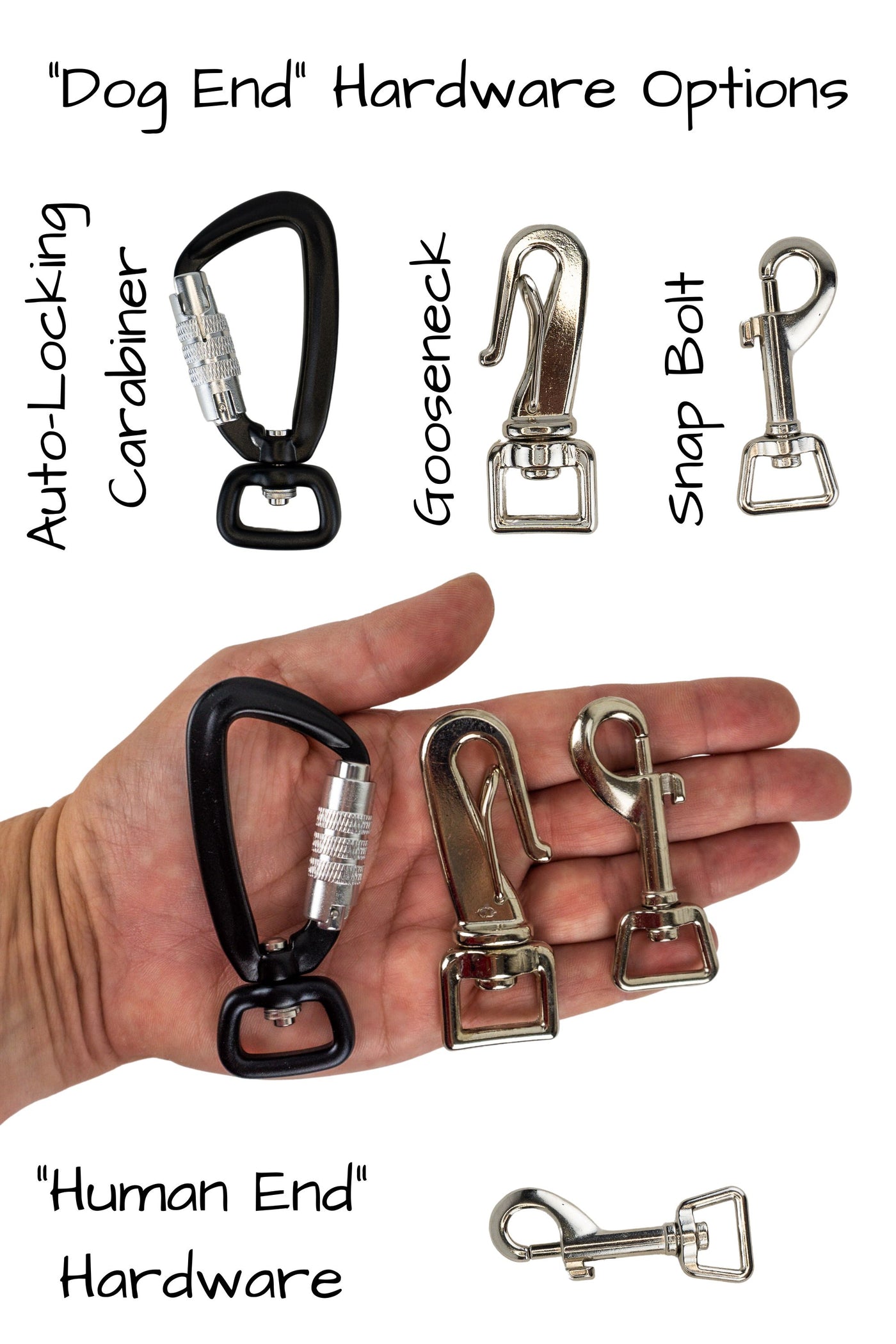 Three options are available for the dog end of the leash, the auto locking carabiner, gooseneck clip and swivel snap bolt are shown for scale in the palm of an adult hand. The human end of the leash will be a swivel snap bolt.