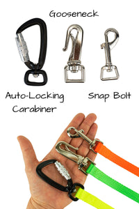 hardware available for small dogs is shown in auto locking carabiner, gooseneck, or swivel snap bolt.