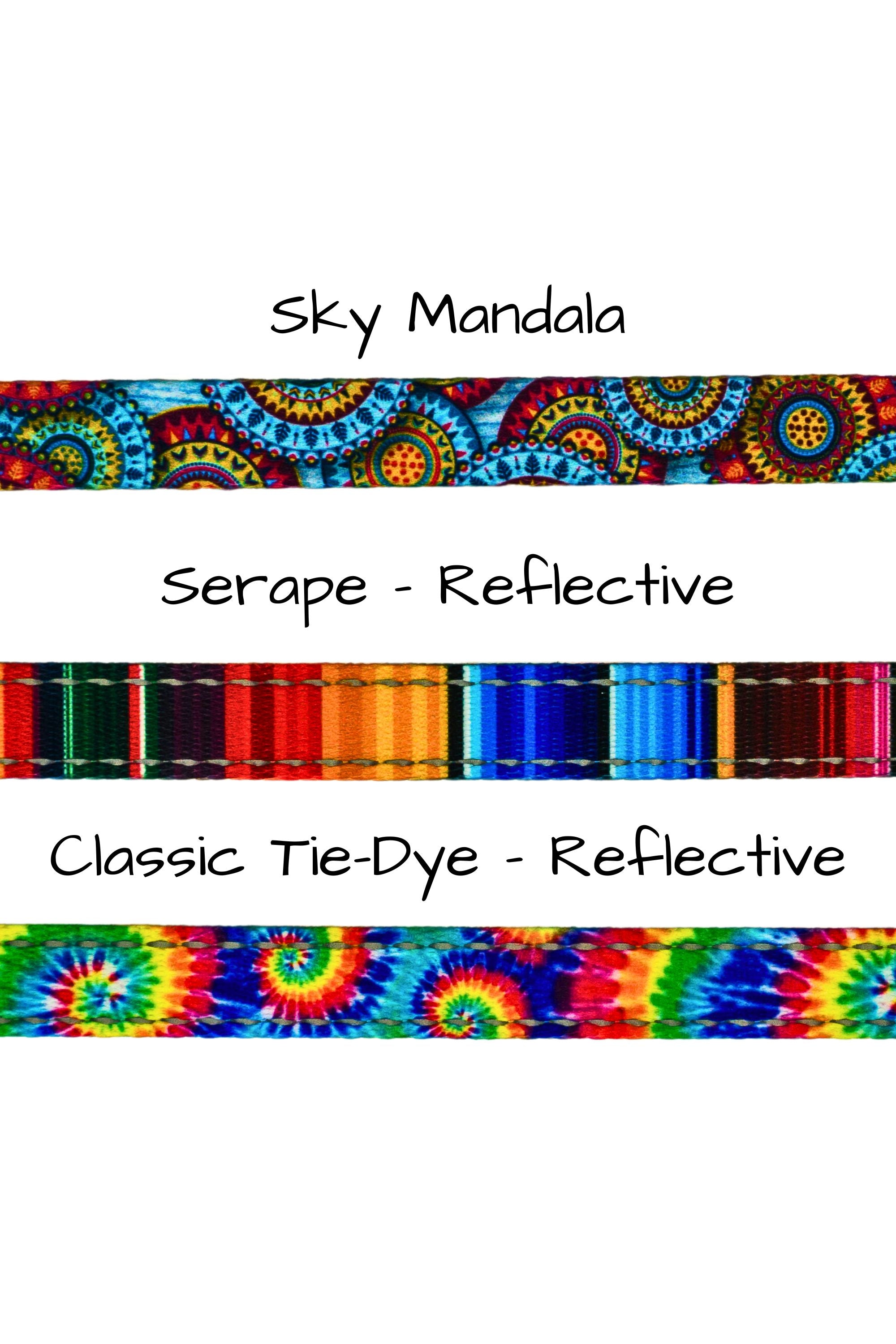 Patterned webbing for the adjustable length hands free leashes for small dogs is available in a sky mandala, a reflective serape, or a reflective classic tie dye.