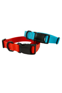 TSA friendly no metal adjustable flat collars are shown in red waterproof webbing or light blue nylon webbing.
