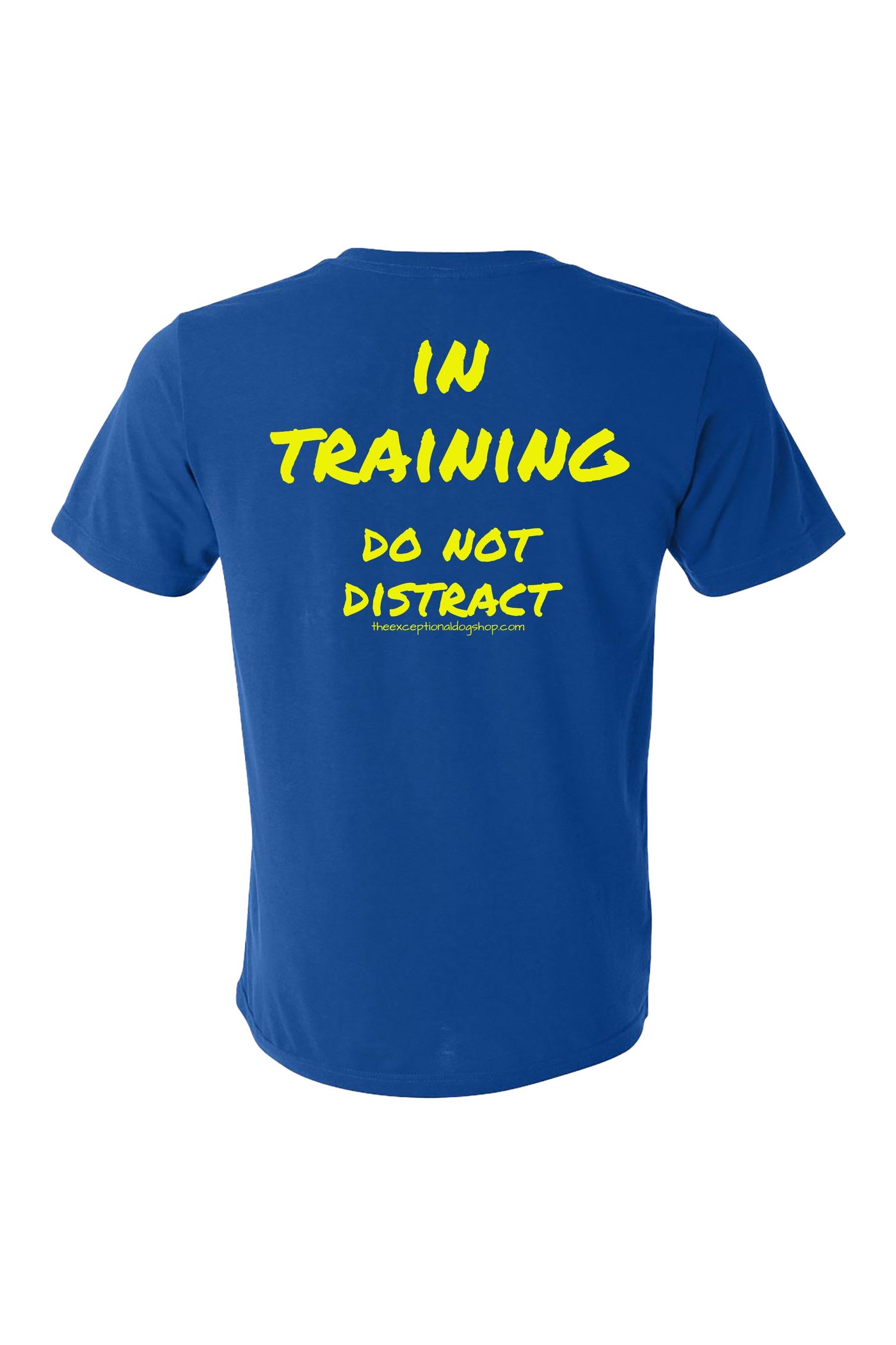 Blue t-shirt with yellow text 'IN TRAINING DO NOT DISTRACT' on the shirt back.