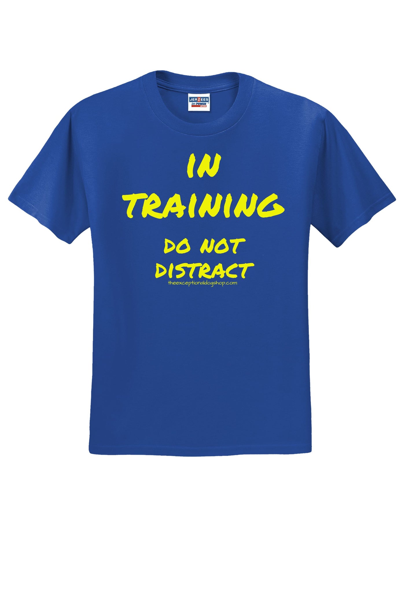 Royal blue cotton polyester training t shirt with the text in training do not distract in bright yellow on the front