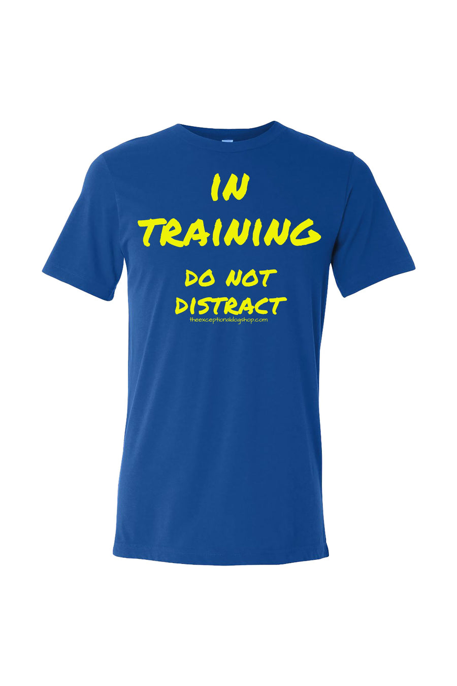 Blue t-shirt with yellow text 'IN TRAINING DO NOT DISTRACT' on the shirt front.