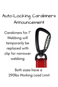 Auto locking carabiners for one inch webbing will be temporarily replaced with the same clip designed for narrower webbing due to being out of stock. Both sizes have a working load limit of 290 pounds.