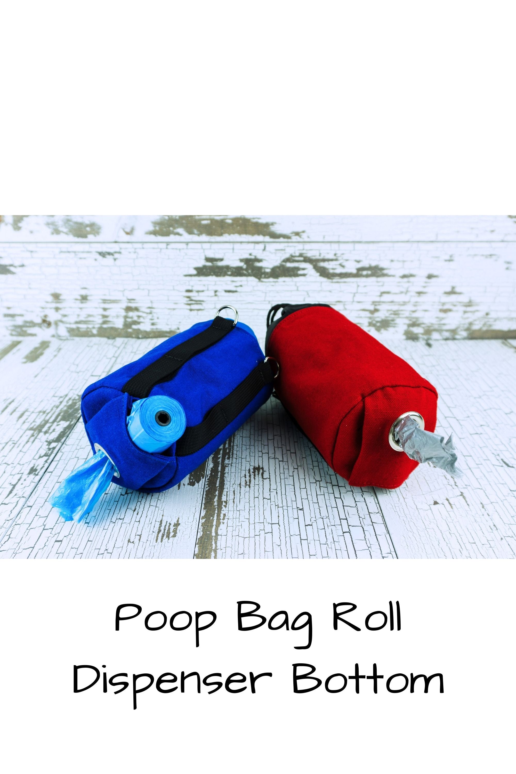 Dog walking pouch with waste bag dispenser shown in red and shown in blue with a close-up of how the poop bag roll inserts into the bottom pocket of the pouch and the bags feed through a metal grommet to dispense.