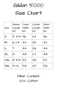 Gildan 5000 T Shirt Sizing Chart. The Chest measurement of the shirts in inches as measured just below the sleeve are as follows: small is 36 inches, medium is 40 inches, large is 44 inches, extra large is 48 inches, two x l is 52 inches and 3 x l is 56 inches in width. Fiber content of these t shirts is 100 percent cotton..