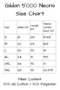 Gildan 5000 Neon T Shirt Sizing Chart. The Width of the shirts in inches as measured just below the sleeve with the shirt laying flat are as follows: small is 18 inches, medium is 20 inches, large is 22 inches, extra large is 24 inches, two x l is 26 inches and 3 x l is 28 inches in width. Fiber content of these t shirts is 50 percent cotton and 50 percent polyester.