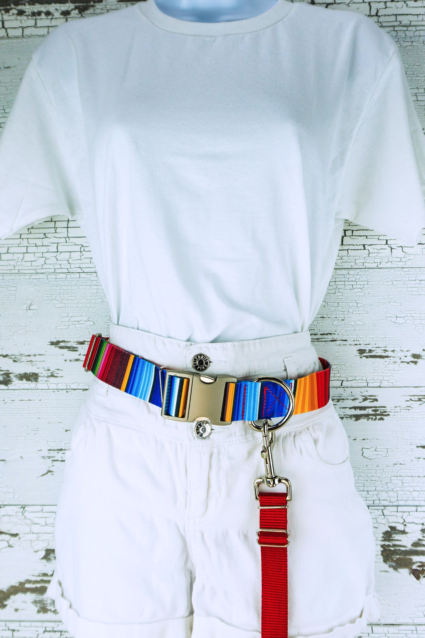 heavy duty hands free leash belt in serape patterned webbing on a mannequin with an attached hands free leash