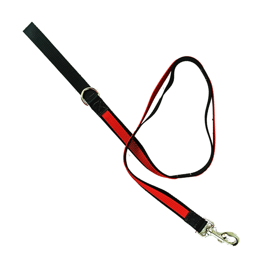 handheld traffic loop dog leash in black and red.