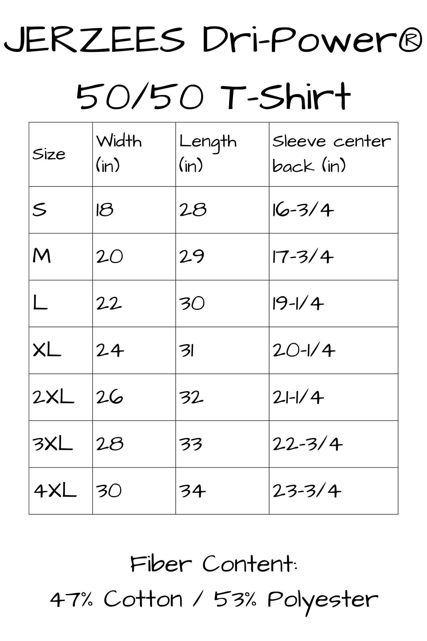T shirt sizes small 28 inches long, 18 inches wide. Medium 29 inches long, 20 inches wide. Large 30 inches long, 22 inches wide. Extra large 31 inches long, 24 inches wide. 2 x l 32 inches long, 26 inches wide. 3 x l 33 inches long, 28 inches wide. 4 x l 34 inches long, 30 inches wide.