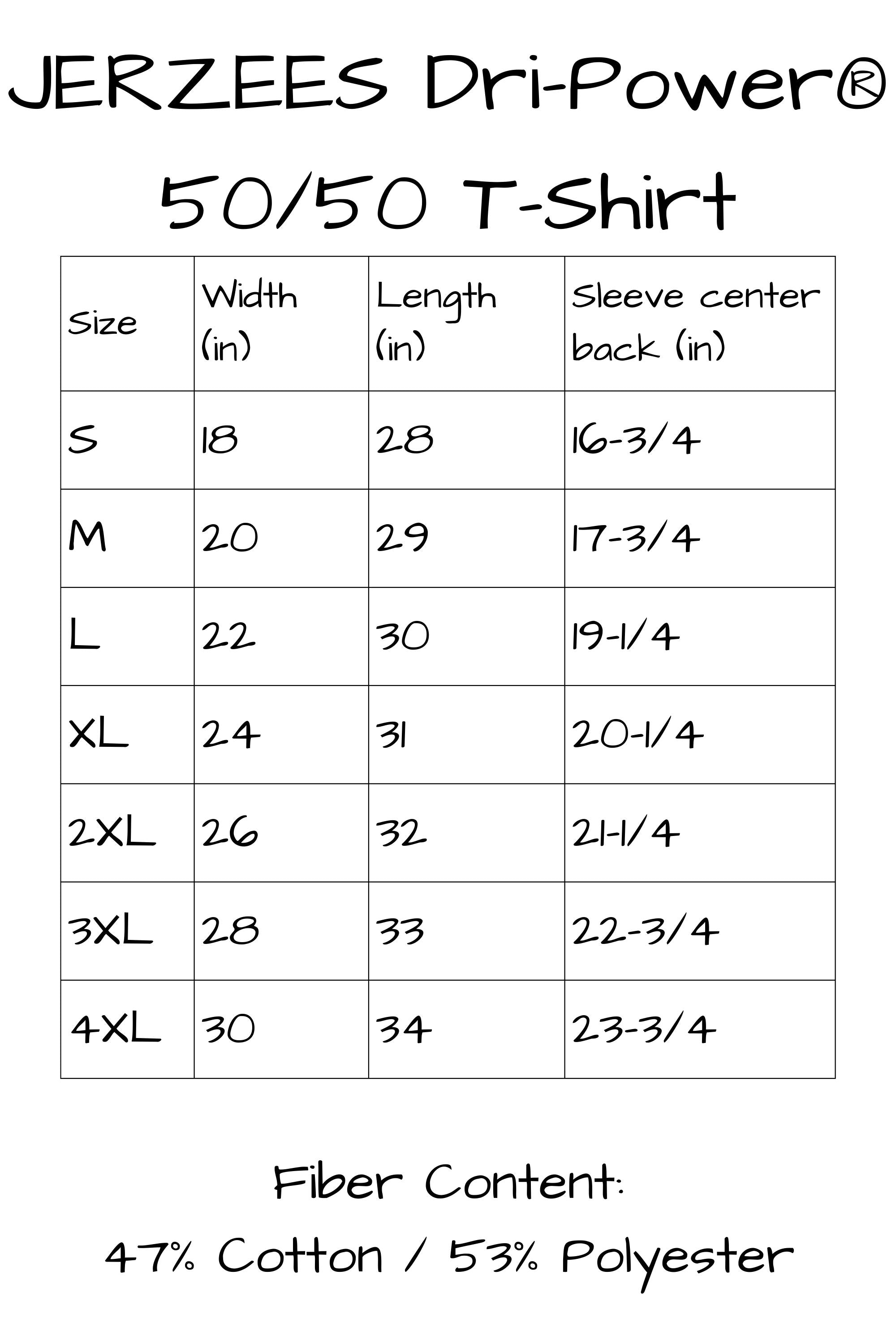 T shirt sizes small 28 inches long, 18 inches wide. Medium 29 inches long, 20 inches wide. Large 30 inches long, 22 inches wide. Extra large 31 inches long, 24 inches wide. 2 x l 32 inches long, 26 inches wide. 3 x l 33 inches long, 28 inches wide. 4 x l 34 inches long, 30 inches wide.