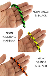 Light weight braided paracord color combinations are available in neon green and black, neon yellow and rainbow, or neon orange and black.
