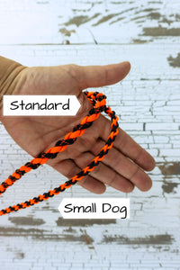 Comparison between braided paracord for small dogs and the standard weight for medium and large dogs.