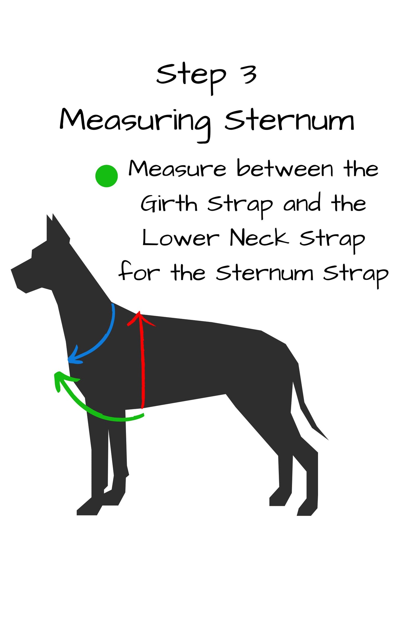 step 3 measure your dogs sternum by measuring the distance between the firth strap and the lower neck strap for the sternum length.