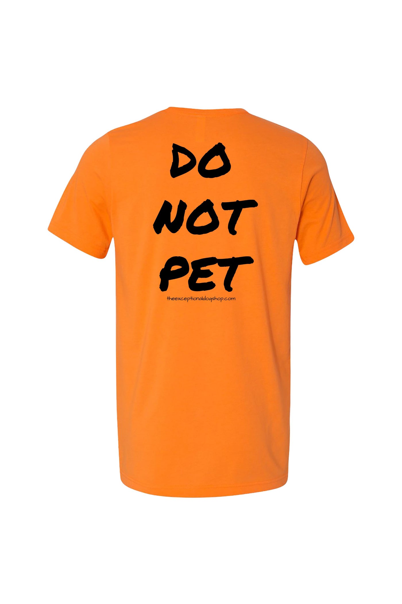 Neon orange dog training t-shirt with large black text that reads "do not pet" on the back.