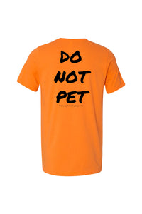 Neon orange dog training t-shirt with large black text that reads "do not pet" on the back.
